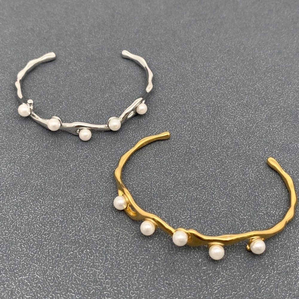 #602🛑22  Boho Inlaid Pearl 18K Gold Plated Irregular Adjustable Cuff 